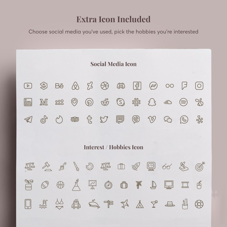 May include: A white sheet with the text "Extra Icon Included" and "Choose social media you've used, pick the hobbies you're interested". Below are social media and hobby icons in a minimalist style.