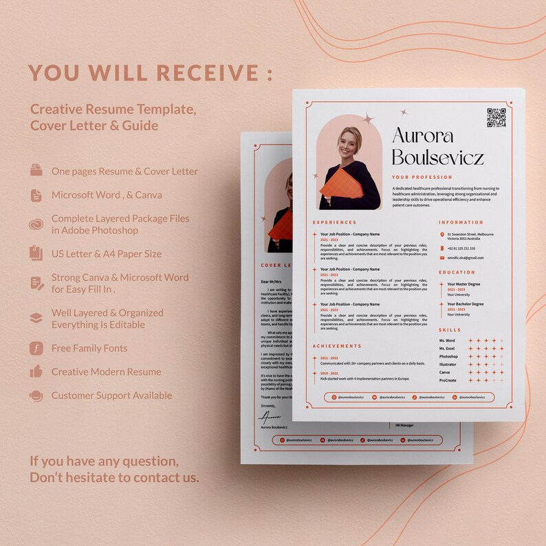 May include: A pink and white resume template with a photo of a woman in a red top. The resume is for Aurora Boulsevicz and includes sections for experience, education, skills, and achievements. The template is designed to be used with Microsoft Word and Canva.