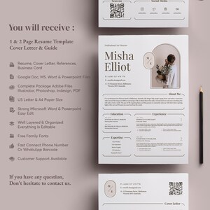 May include: A professional resume template with a cover letter and guide. The design includes a resume, cover letter, and business card. The template is available in US Letter and A4 paper sizes. Includes Google Docs, MS Word, and PowerPoint files.