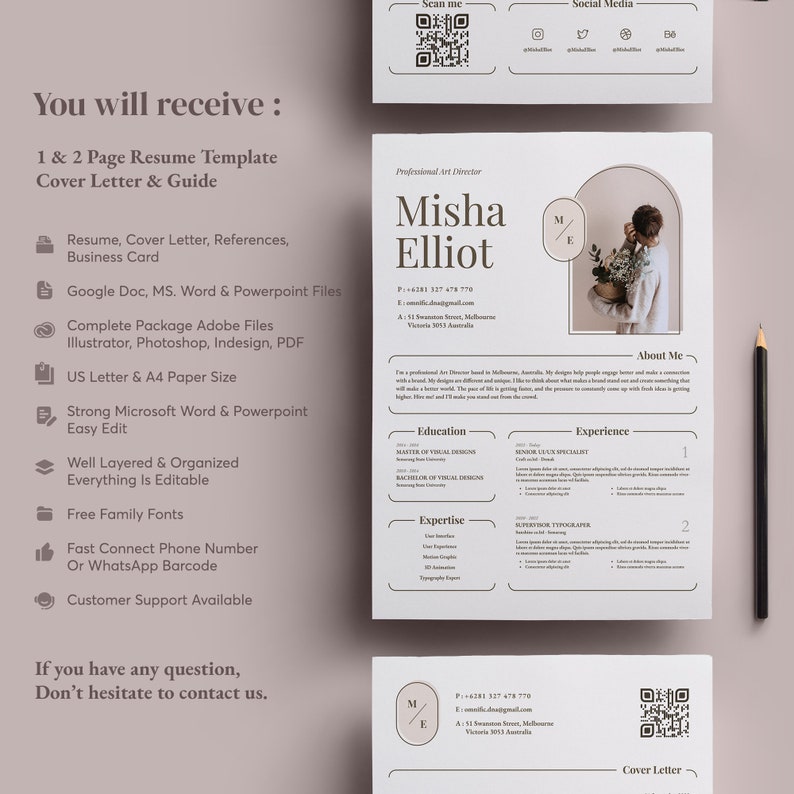 May include: A professional resume template with a cover letter and guide. The design includes a resume, cover letter, and business card. The template is available in US Letter and A4 paper sizes. Includes Google Docs, MS Word, and PowerPoint files.