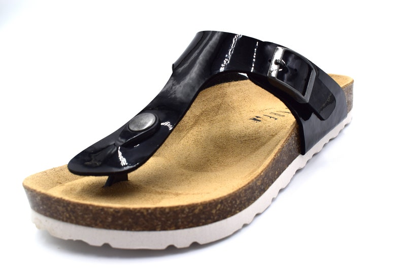 Sandalias MIRAF, Sandalias veganas, Sandalias de cuero, Sandalias Birkinstock, Sandalias para mujer Shiny Black