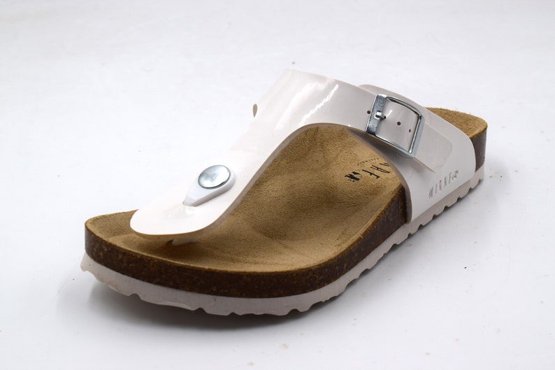 Sandalias MIRAF, Sandalias veganas, Sandalias de cuero, Sandalias Birkinstock, Sandalias para mujer White Shiny