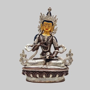 Miniature Vajrasattva Statue: 24K Gold Face, Oxidized Copper & Silver