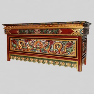 Hand-Carved Tibetan Dragon Design Wooden Foldable Altar Table - Meditation Table Altar -Small Puja Table - Foldable Table With Thangka Color