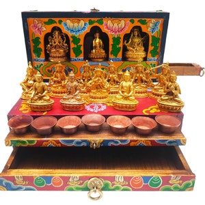 Buddhist Wooden Traveling Altar Box ,Foldable,Seven offering Bowls, Incense Holder with Fourteen Important Bodhisattvas and Buddhas Statues