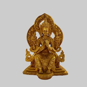 Tibetan Buddhist Miniature of Maitreya Buddha Statues | Sitting Buddha Figurine With Throne And 24k Gold Gilded