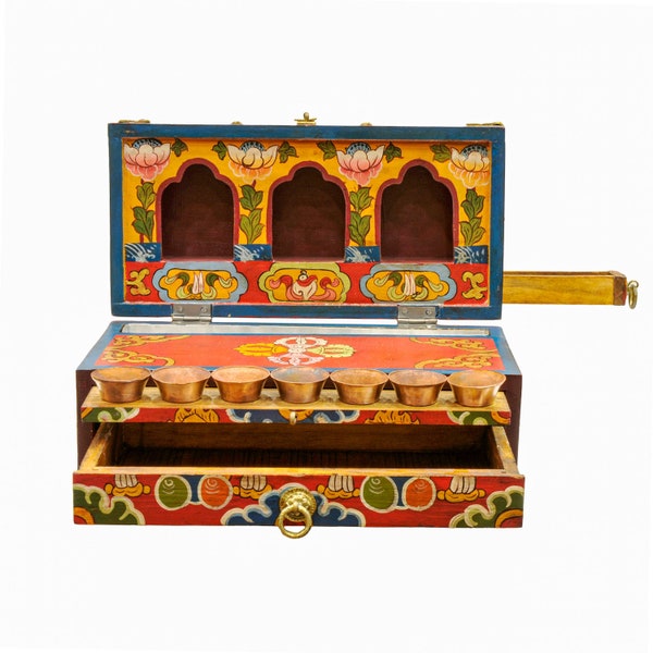 Handmade Wooden Altar Box foldable With Seven offering Bowls, Incense Holder, traditional Colour Painted, Double Dorjee Design