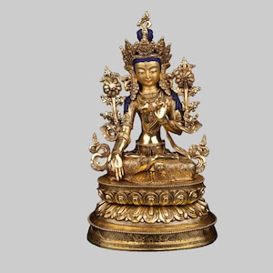 Handmade 24K Gold Gilded White Tara Statue: Himalayan Buddhist Art