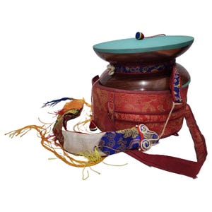 Handcrafted Rosewood Chod Damaru: Tibetan Ritual Drum with Brocade