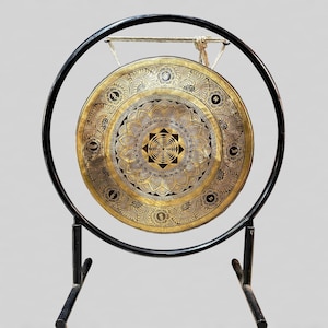 Handmade Tibetan Gong with Stand: Mandala Etching, Himalayan Sound Bell