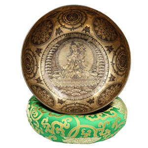 Handmade Tibetan Buddhist Singing Bowl with Etching Carving of White Tara - Made in Nepal