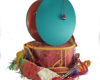 Handmade Rosewood Chod Damaru Drum with Brocade Cover - Nepal