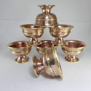 Handmade Copper offering bowl with Stand and Carving 7 Pcs set - Made In Nepal