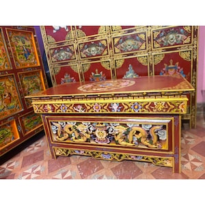 Dragon-Carved Foldable Wooden Tibetan Puja Table - Handmade Dragon Design - Handcarved, Painted Shrine Table From Nepal