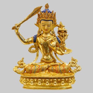 24K Gold Gilded Manjushri Statue: Tibetan Buddhist Bodhisattva