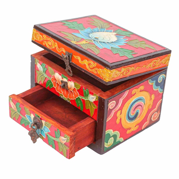 Handmade Tibetan Traditional Wooden box for Jewelries and Ritual Item Box, Hand Painted Thangka Colours, Handmade in Nepal.