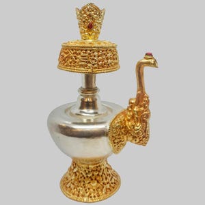 Handmade Tibetan Copper Bhumpa | Buddhist Holy Water Vase | Buddhist Ritual Vase With Silver and 24K Gold Gilded Made By Nepali Artisans