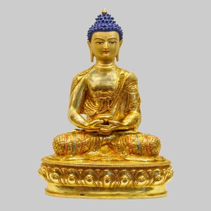 Amitabha Buddha Statue | Gold-Toned Amitabha Buddha Figurine, Stone Setting | Spiritual Decor for Home Altar and Meditation Spaces