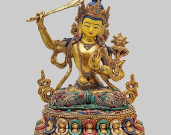 24K金鍍金銅文殊菩薩像 | 知恵と悟りの彫刻 | 瞑想の装飾に最適な