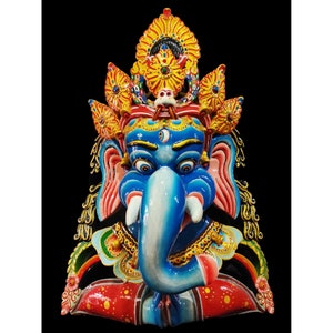 Carved Wooden Mask of Namaste Ganesh, Face Painted Blue Colour , Made in Nepal