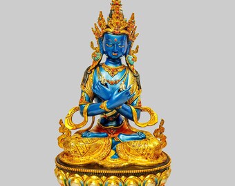 Vajradhara Buddhist Statue: Gold Plated Face Painted Stone Setting From Nepal