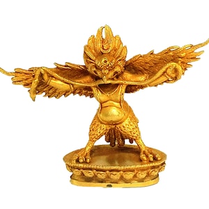 9 Cm Handmade Buddhist Nepali Miniature Statue Statue of Garuda - Gold Plated & Chocolate Oxidized