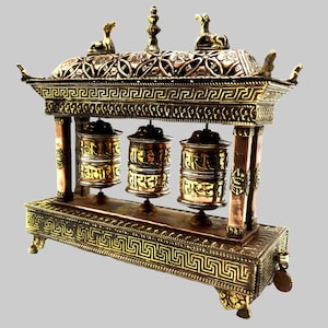 Handmade Tibetan Buddhist Triple Prayer Wheel Stand with Incense Burner and Incense Holder