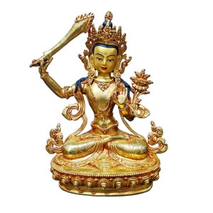 Tibetan Buddhist Manjushri Statue - Tibetan Buddhist Wisdom Deity - Elegant Manjushri Copper Statue - 24K Full Gold Gilded From Nepal