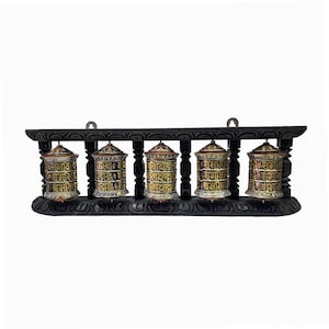 Handmade Tibetan Wall Hanging Five Prayer Wheel Set On Wooden Frame with Carved Mantra Inside - Made in Nepal