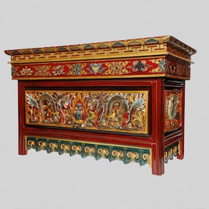 Handmade Dragon Design - Dragon Carved Foldable Wooden - Tibetan Puja Table - Handcarved Painted Shrine Table From Nepal