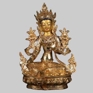 Estátua de Tara Verde | Arte requintada do Himalaia | Protetora compassiva | Símbolo budista sagrado | Ouro 24K dourado | Decoração de meditação