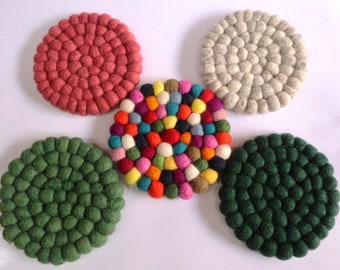 Felt Ball Coaster Set, Multi-Colour Wool Tea Coasters, Housewarming Gift
