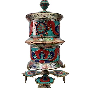 Handmade Tibetan Table Prayer Wheel with Carved Mantra And Stone Setting, Turquoise colour