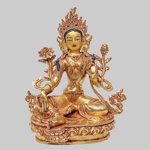 23cm Green Tara Statue: 24K Gold Gilded Buddhist Goddess