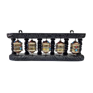 Handmade Tibetan Five Prayer Wheel Set On Wooden Frame With Carved Mantra Inside & Stone Setting - Made in Nepal