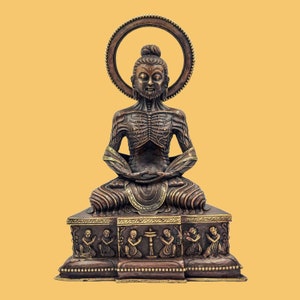 Handmade Fasting Shakyamuni Buddha Statue: Chocolate Oxidized Nepal Artwork