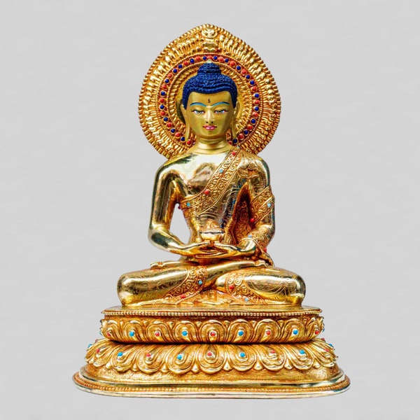 Handmade Tibetan Buddhist Statue of Amitabha Buddha - 24K Full Gold Gilded with Painted Face & Stone Setting | Made By Nepalese Artwork