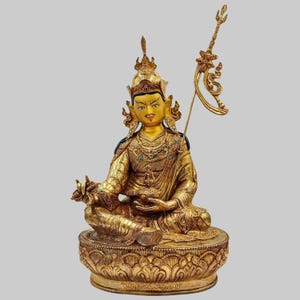 Hand-Painted Padmasambhava Statue: 24K Gold Gilded Lotus-Born Deity