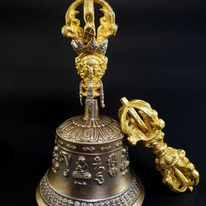 Handmade Tibetan Bronze Bell and Dorje Vajra Set - Gold Painted