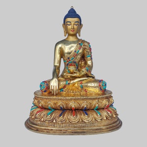 Handcrafted Shakyamuni Buddha Statue | Serene Meditation Decor | Copper Buddha Sculpture | 24K Gold Gilded & Stone Setting