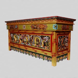 Authentic, Hand-carved/Hand-painted Tibetan Puja Foldable Table With Dragon Face Altar Table From Nepal.Hand-Carved Puja/Altar Table