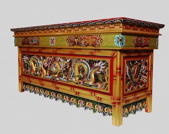 Authentic, Hand-carved/Hand-painted Tibetan Puja Foldable Table With Dragon Face Altar Table From Nepal.Hand-Carved Puja/Altar Table