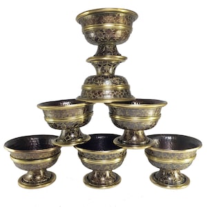 Handmade Tibetan Buddhist Copper offering Bowl with Stand and Hand Carving 7 Pcs Set