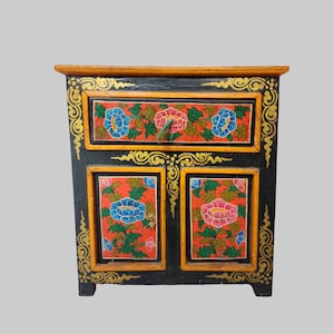 Vintage Tibetan Cabinet with One Drawer and Two Doors | Handcrafted Wood Furniture | Authentic Décor Piece | Thangka Color Painted