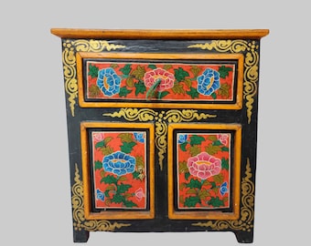 Vintage Thangka Color Painted Tibetan Cabinet: Handcrafted Wood Furniture