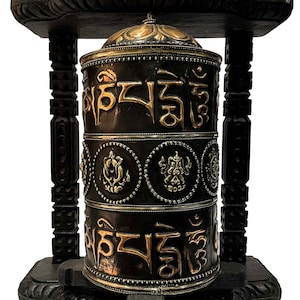 Handmade Wall Prayer Wheel Big Size with Mantra Inside, Oxidized with Carved Mantra, Ashtamangala
