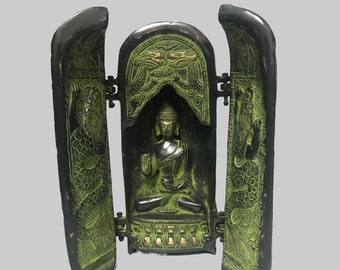 Handmade Tibetan Buddhist Folding Buddha Statue - Green Antique Buddha Statue - Made in Nepal