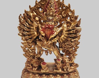 Tibetan Yamantaka Statue | 24K Full Gold Gilded | Sacred Buddhist Deity Figurine |  Authentic Artwork from Nepal