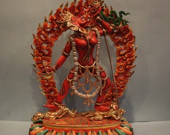 Goddess Red Vajrayogini Copper Dance Posture Statue from Nepal | Buddhist Tantric Female Deity | 24K Gold Gilded and MultiColor Finishing