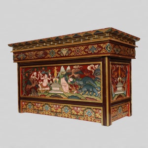 Hand-Carved Trantrik Tibetan Buddhist Wooden Carved Foldable Tea Table With Thangka Color - Made in Nepal